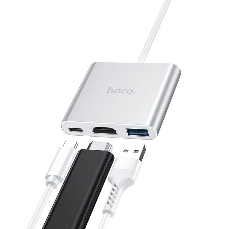 Adaptor hoco hb14 type-c ușor de utilizat (type-c la usb 3.0+hdtv+pd) argintiu 3