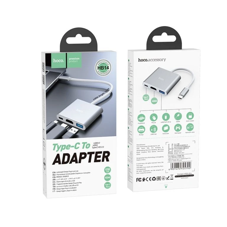 Adaptor hoco hb14 type-c ușor de utilizat (type-c la usb 3.0+hdtv+pd) argintiu 5