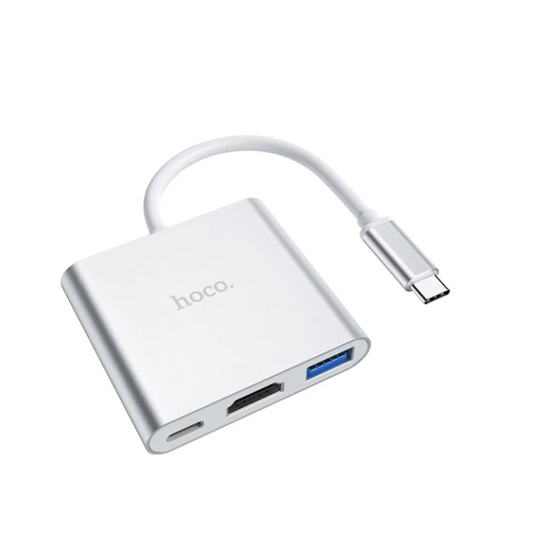 Adaptor hoco hb14 type-c ușor de utilizat (type-c la usb 3.0+hdtv+pd) argintiu 6