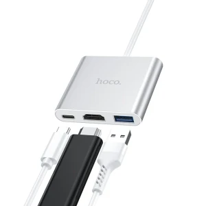 Adaptor hoco hb14 type-c ușor de utilizat (type-c la usb 3.0+hdtv+pd) argintiu Thumbnail 3