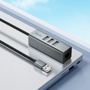 Convertor hoco hb1d 4-în-1 (usb la usb 2.0*3+rj45) gri metalizat