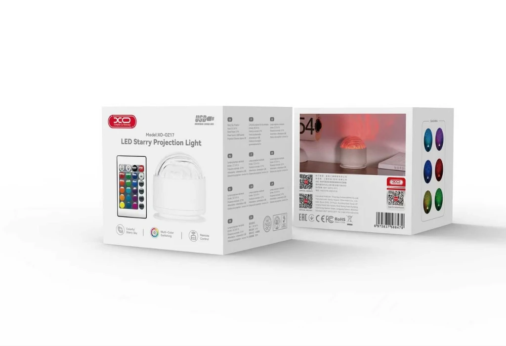 Проекционная лампа xo oz17 с питанием от usb, 16 цветов, дизайн с двумя плафонами aurora + water ripple, белый цвет (с пультом дистанционного управления). 2