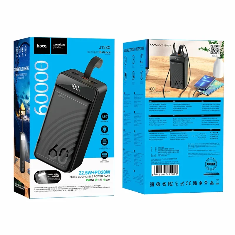 Внешний аккумулятор hoco j123c element 22,5 вт + pd20 вт с цифровым дисплеем (60000 мач), черный. 6