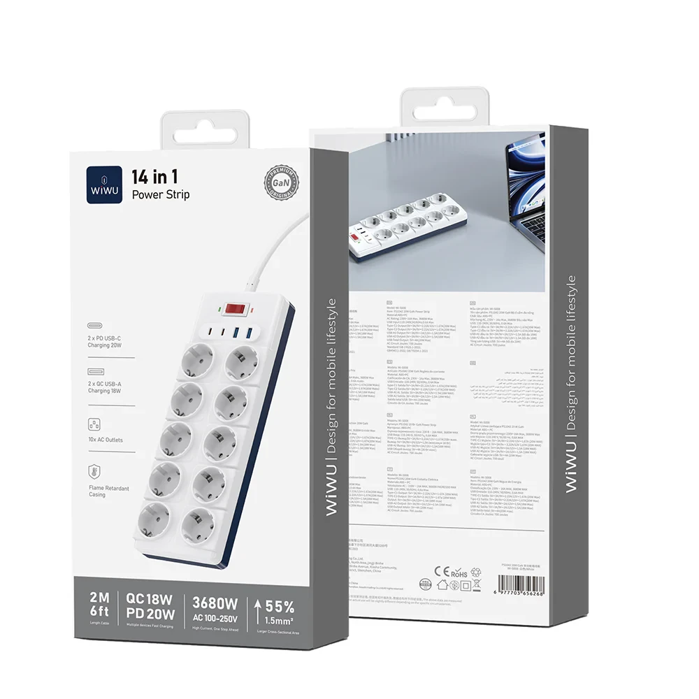 Wiwu prelungitor 14 în 1 20w gan 2c+2a+10ac wi-s008 eu 2m alb 3