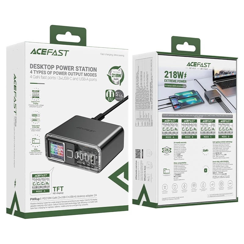 Настольный зарядный адаптер acefast z4 pd218w gan (3*usb-c+usb-a), цвет «космический серый» (ес) 4