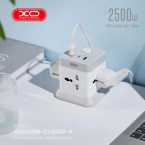 Xo wl20 (ue) 20w încărcare rapidă cu mufă pătrată, 4 mufe ca + usb-a + 1 usb-c, alb + gri 2