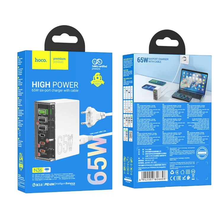 Încărcător hoco n36 fuerza cu șase porturi pd65w (3c3a) (ue) alb 4