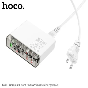 Încărcător hoco n36 fuerza cu șase porturi pd65w (3c3a) (ue) alb Thumbnail 3