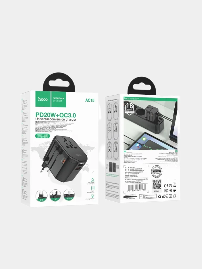 Încărcător universal hoco ac15 walker cu trei porturi pd20w (1c2a) negru 3