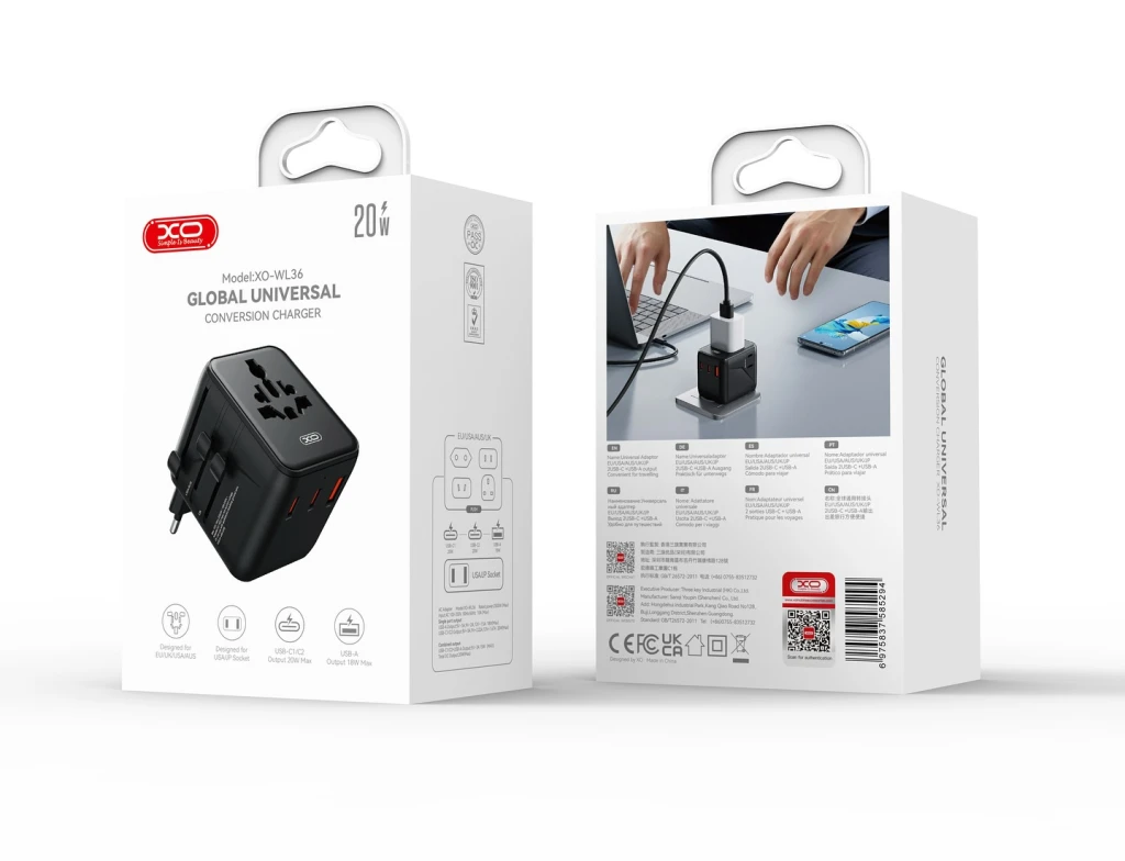Încărcător universal de călătorie xo wl36 20w 2usb-c+1usb-a negru 3