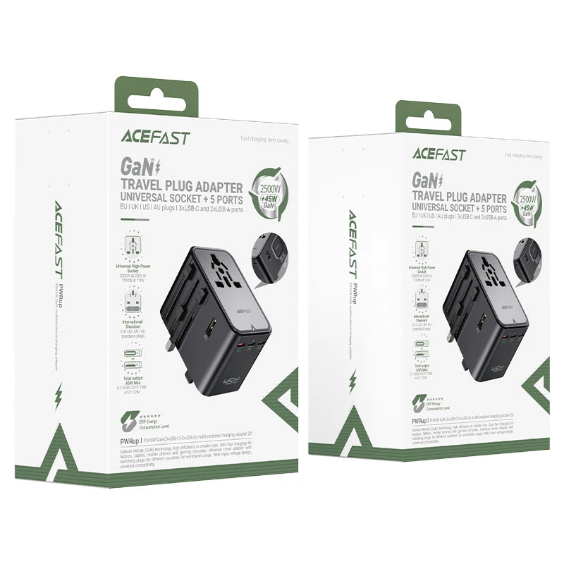 Adaptor de încărcare multifuncțional acefast z8 pd45w gan (3*usb-c+2*usb-a) negru 2
