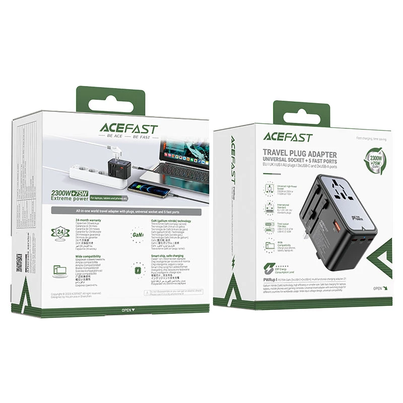 Многофункциональный зарядный адаптер acefast z1 pd75w gan (3*usb-c+2*usb-a), черный/серый. 2