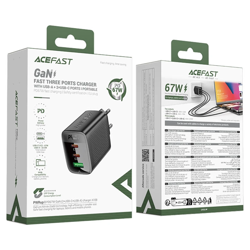 Încărcător acefast a108 pd67w gan (2*usb-c+usb-a), negru (ue) negru 2