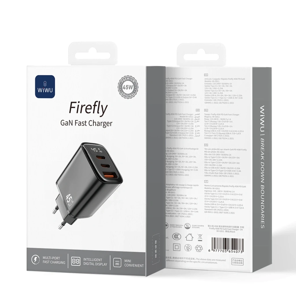 Încărcător rapid wiwu firefly gan 45w 2c+1a cu afișaj digital wi-g011 negru ue 2