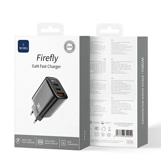 Încărcător rapid wiwu firefly gan 30w 2c+1a cu afișaj digital wi-g010 eu negru 2