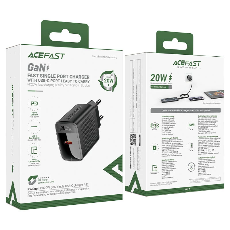 Однопортовое зарядное устройство acefast a82 pd20w gan с разъемом usb-c, черное. 6