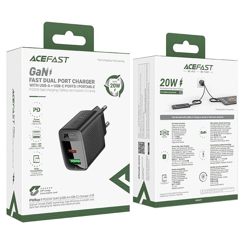 Încărcător acefast a78 pd20w gan (usb-a+usb-c), negru 6