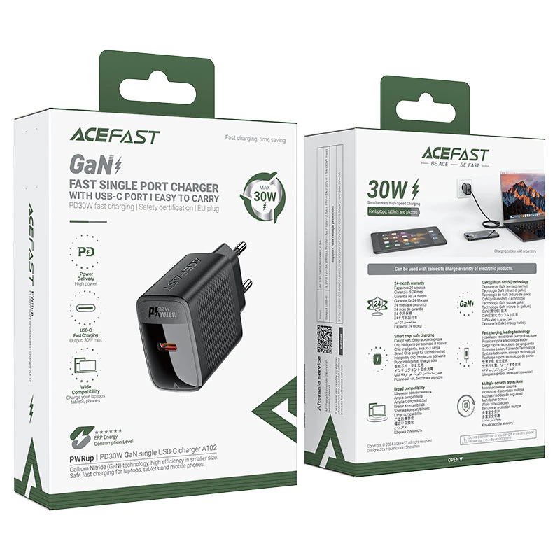 Однопортовое зарядное устройство acefast a102 pd30w gan с разъемом usb-c, черное. 7