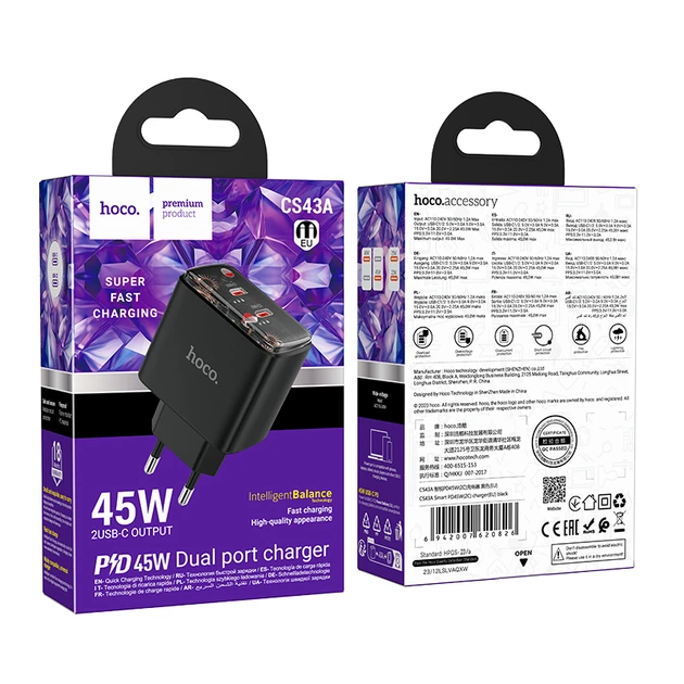 Încărcător inteligent hoco cs43a pd45w (2c) (ue) negru 2