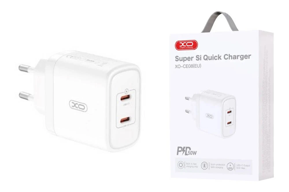 Быстрое зарядное устройство xo ce08 (eu) pd50w (2 usb-c), цвет белый. 2
