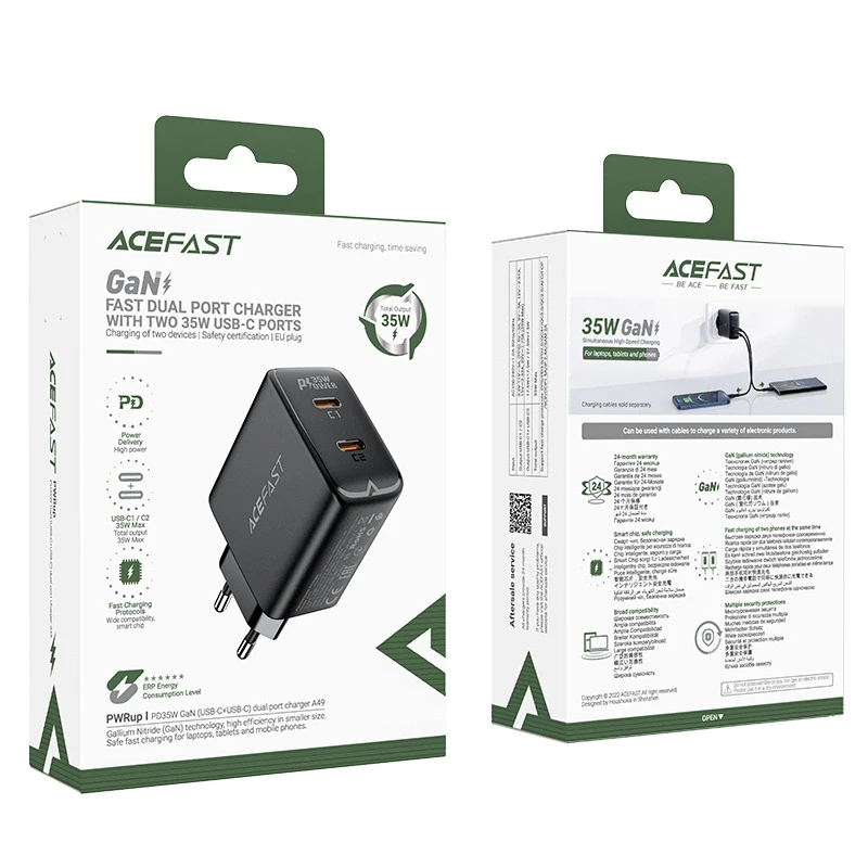 Încărcător cu două porturi acefast a49 pd35w gan (usb-c+usb-c), negru (ue) 5