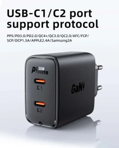Încărcător cu două porturi acefast a49 pd35w gan (usb-c+usb-c), negru (ue)