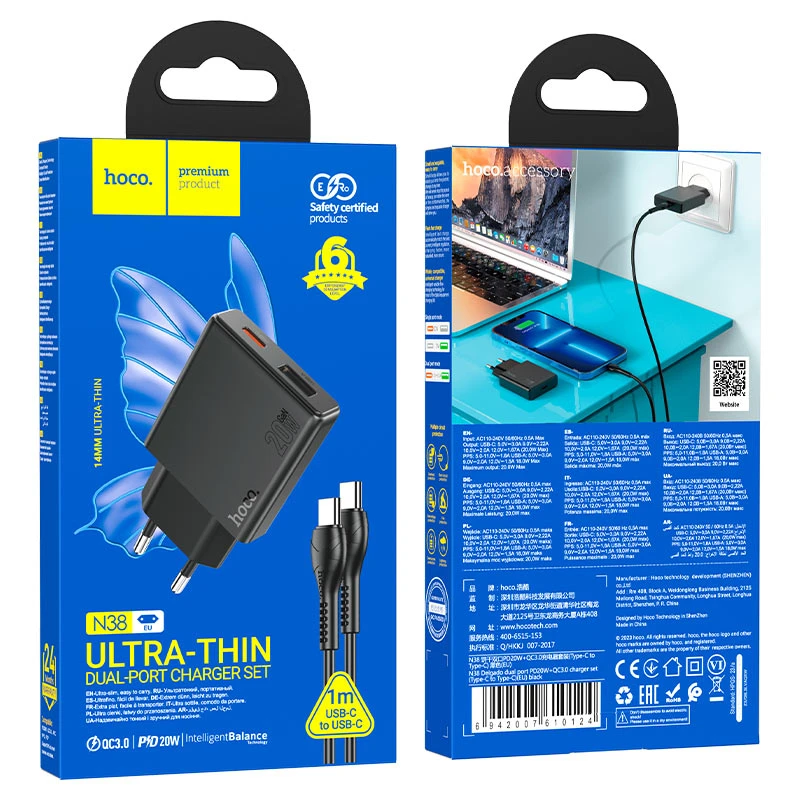 Încărcător hoco n38 delgado dual port pd20w+qc3.0 (eu) negru 4