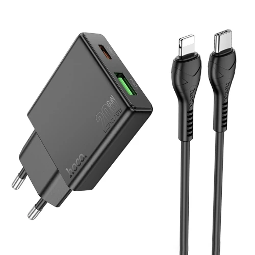 Încărcător hoco n38 delgado dual port pd20w+qc3.0 (eu) negru 3