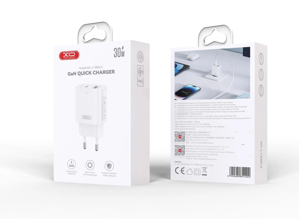 Быстрозарядное устройство xo l130 (eu) европейского стандарта pd30w/qc18w (1usb-c + 1usb-a), белое. 3
