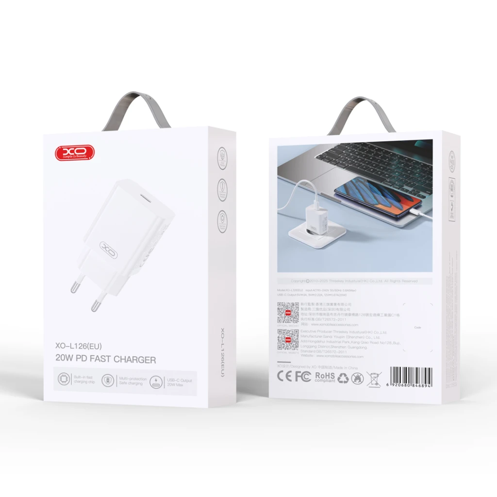 Быстрое зарядное устройство xo l126 usb-c pd20w, белое. 2