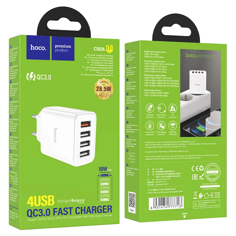 Încărcător cu patru porturi hoco c102a fuerza qc3.0 (eu) alb 3