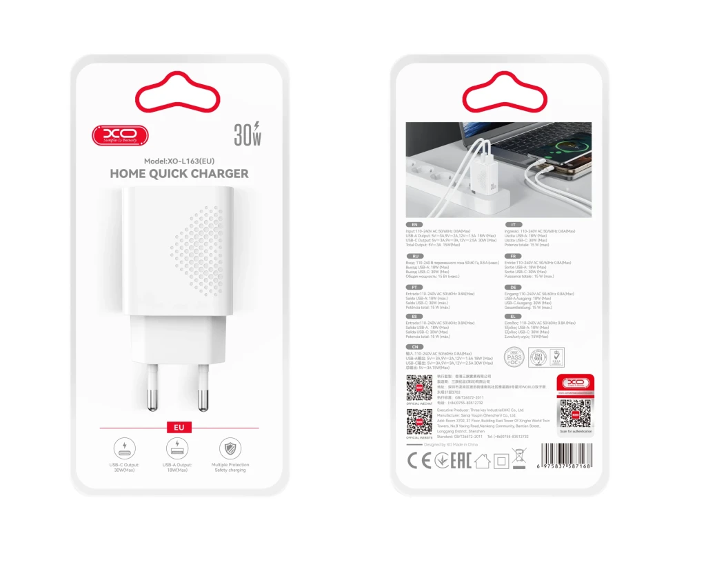 Încărcător rapid xo l163(eu) pd30w/qc18w (1usb-a+1usb-c) alb 2