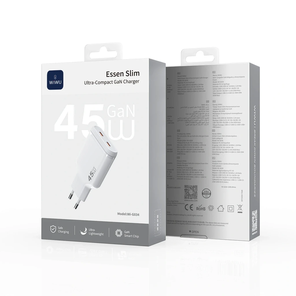 Зарядное устройство wiwu 45w essen slim ultra-compact gan charger wi-g034 белого цвета 2