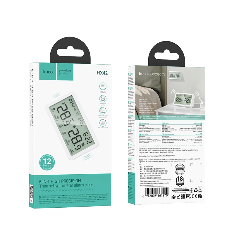 Ceas deșteptător electronic de interior hoco hx42, termometru și higrometru, alb 3