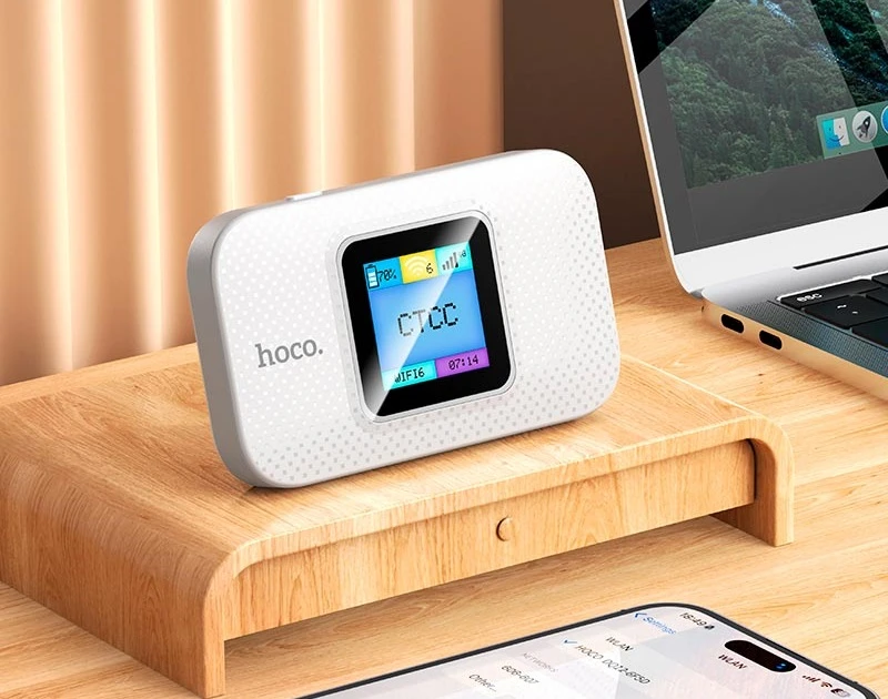 Портативный wi-fi роутер hoco dq12 с дисплеем (европа, азия и африка), белый. 2