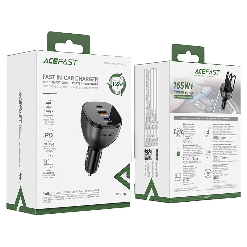 Автомобильное зарядное устройство acefast b14 165 вт (2 порта usb-c + usb-a) с 3 портами, черное. 6