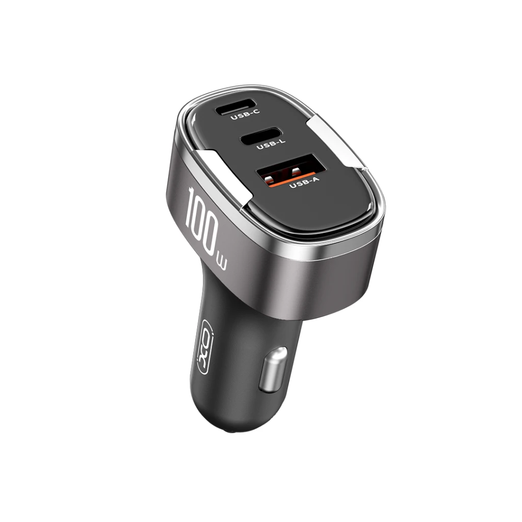 Încărcător auto inteligent xo cc61 (ieșire apple) 100w / usb-a (30w) + tip-c (45w) + lightning (25w) argintiu 2
