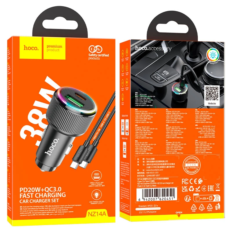 Автомобильное зарядное устройство hoco nz14a guerrero pd20w+qc3.0, черное. 2