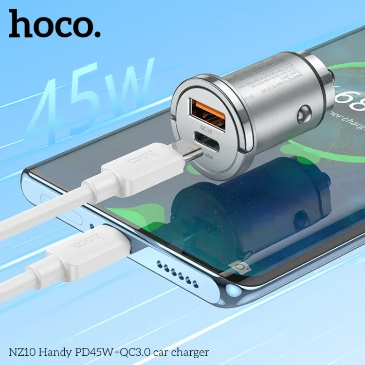 Автомобильное зарядное устройство hoco nz10 handy pd45w+qc3.0, серебристое. 2