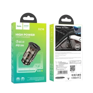 Încărcător auto hoco dz16 apex pd30w+qc3.0 cu două porturi, transparent, negru