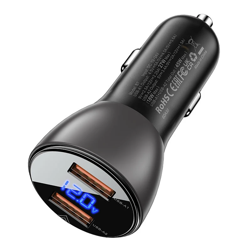 Încărcător auto metalic acefast b7 45w (usb-a + usb-a) cu afișaj digital transparent, negru 4