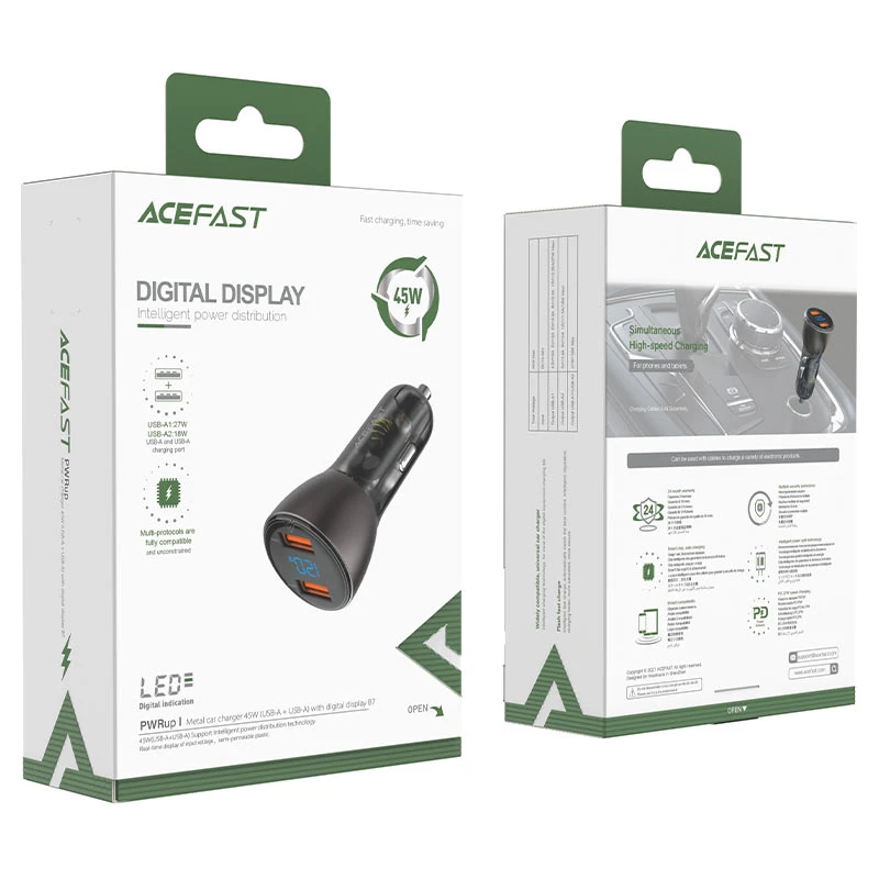 Încărcător auto metalic acefast b7 45w (usb-a + usb-a) cu afișaj digital transparent, negru 6