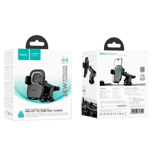 Suport auto cu încărcare wireless hoco hw32 crown (consolă centrală) negru metalizat gri Thumbnail 2