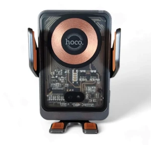 Suport auto cu încărcare rapidă wireless hoco hw7 transparent discovery edition (orificiu de aer) gri metalizat Thumbnail 3