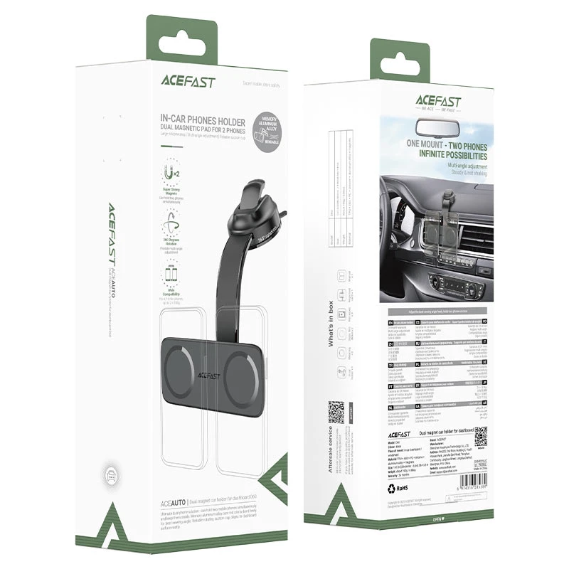 Suport auto cu magnet dublu acefast d60 pentru bord, negru 2