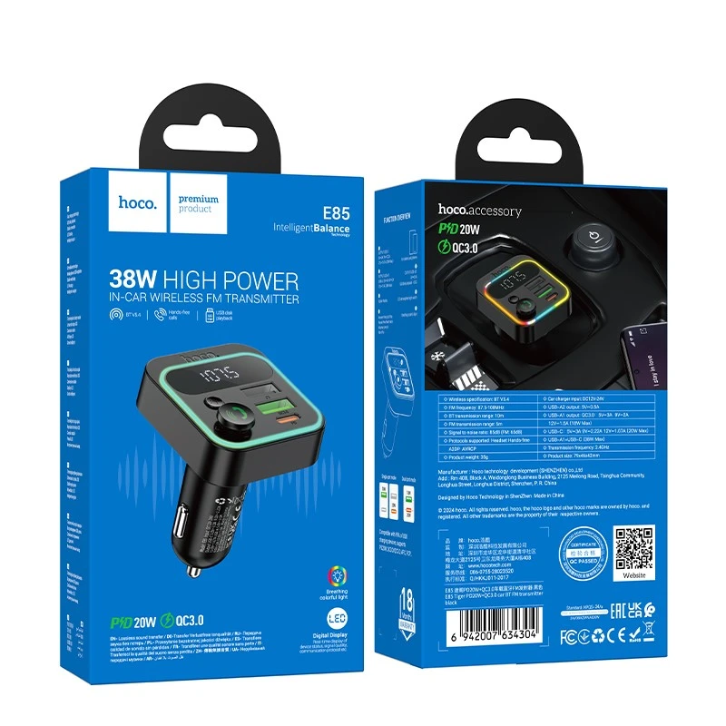 Hoco e85 tiger pd20w+qc3.0 emițător auto bt fm negru 4