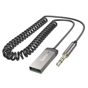 Автомобильный aux bluetooth-ресивер hoco e78 benefit с кабелем, металлический серый