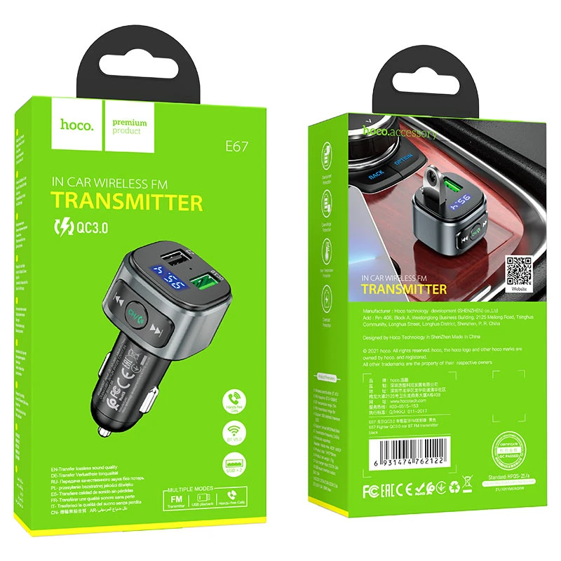 Hoco e67 fighter qc3.0 transmițător auto bt fm negru 6