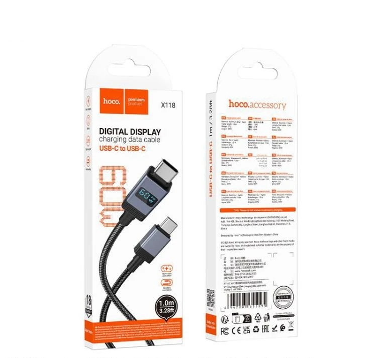 Hoco x118 generous 60w cablu pentru încărcare și transfer de date cu afișaj usb-c la usb-c negru 3