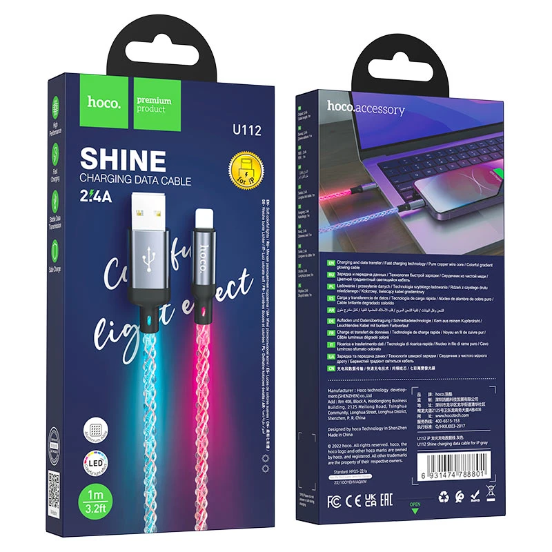 Hoco u112 shine cablu pentru încărcare și transfer de date pentru lightning gri 2